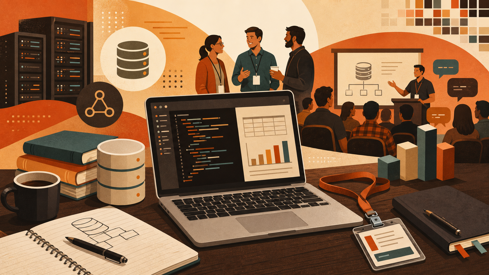 Ilustração com laptop, servidores, comunidade técnica e elementos de SQL Server.
